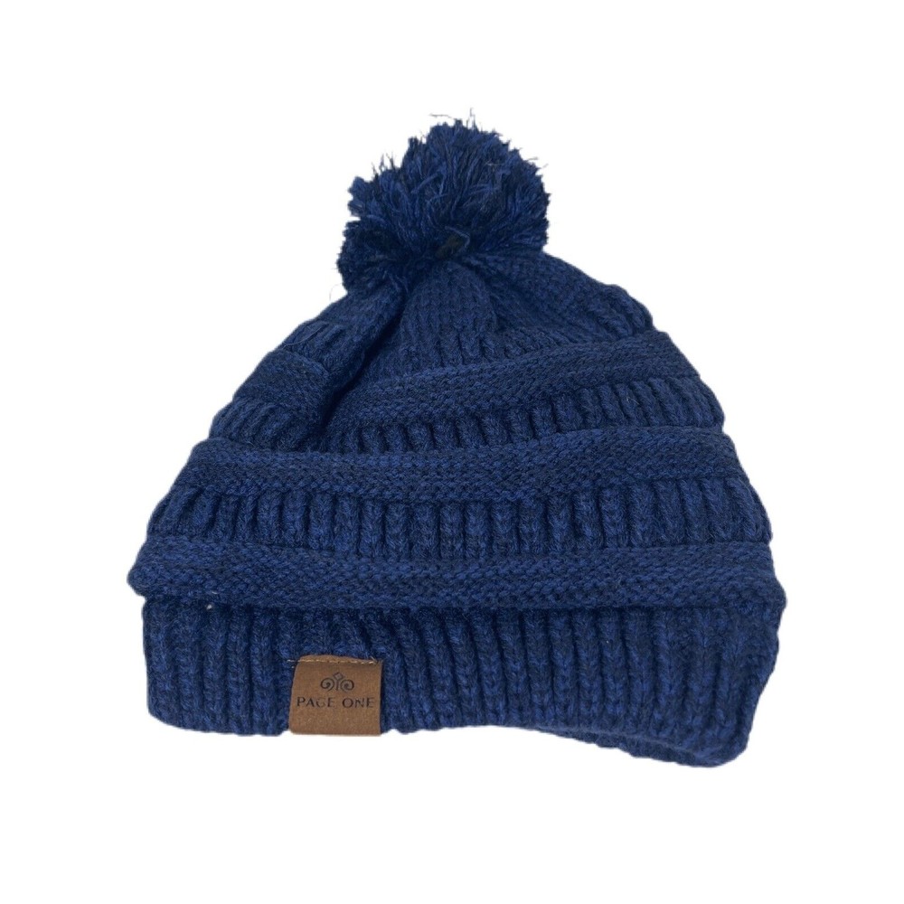 New One Size Blue Page One Pom Pom Lined Warm Winter Cozy Beanie Hat